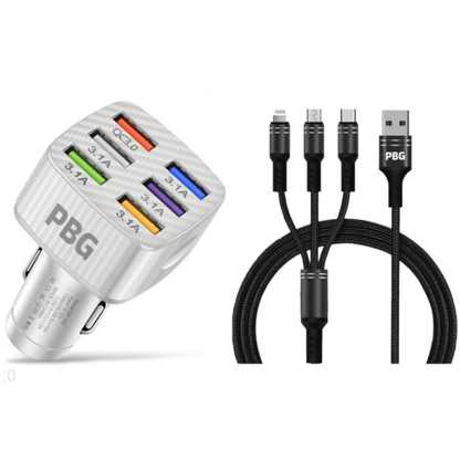 PBG LED 6-Port Car Charger with 4FT 3-in-1 Fast Charging Cable