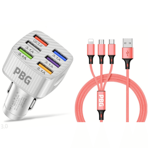 PBG LED 6-Port Car Charger with 4FT 3-in-1 Fast Charging Cable