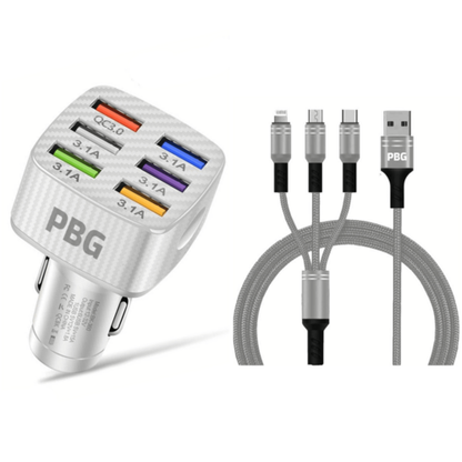 PBG LED 6-Port Car Charger with 4FT 3-in-1 Fast Charging Cable