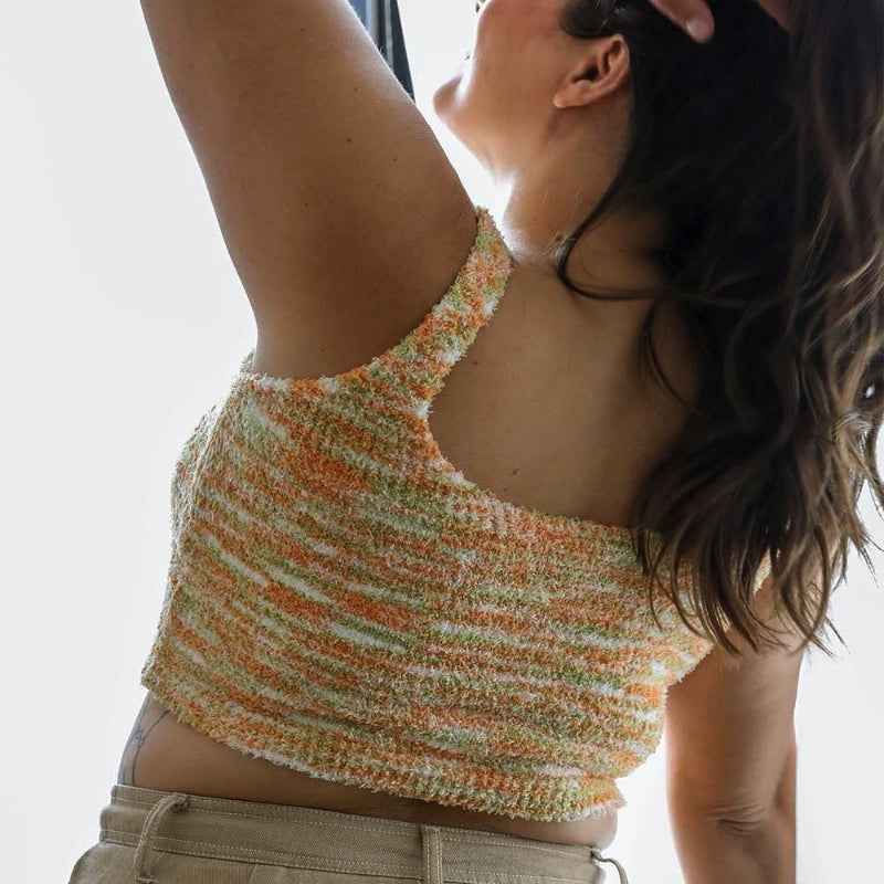 Multicolor Knit Crop Top Sleeveless Stretch Casual Wear