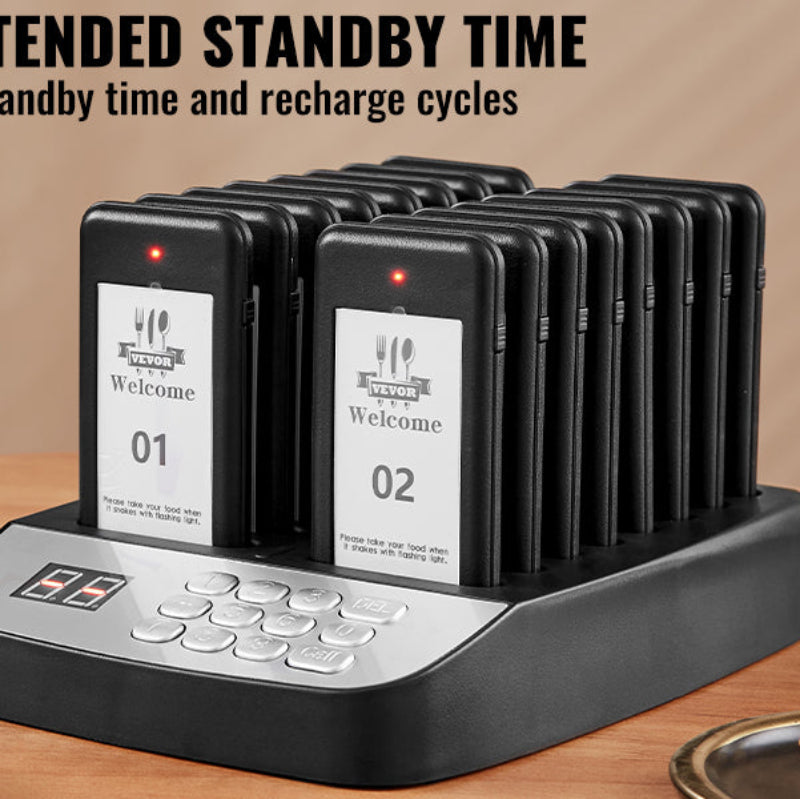 VEVOR 20-Pager Wireless Restaurant Paging System with 3 Alert Modes, 500m Range and Charging Base