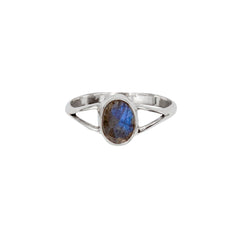 Bague en argent sterling avec tige fendue et lunette ovale en labradorite