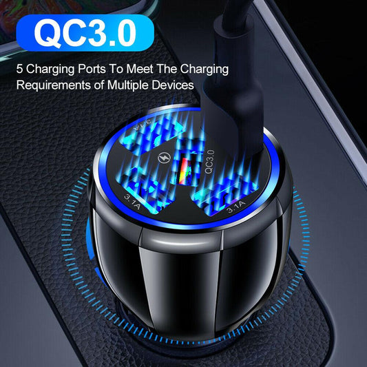 PBG 5-Port LED Car Charger & 4-in-1 Nylon Multi-Cable Bundle 4FT