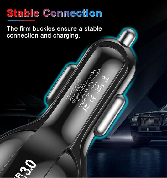 4 Port LED Car Charger + 3 in 1 Cable Combo Pink