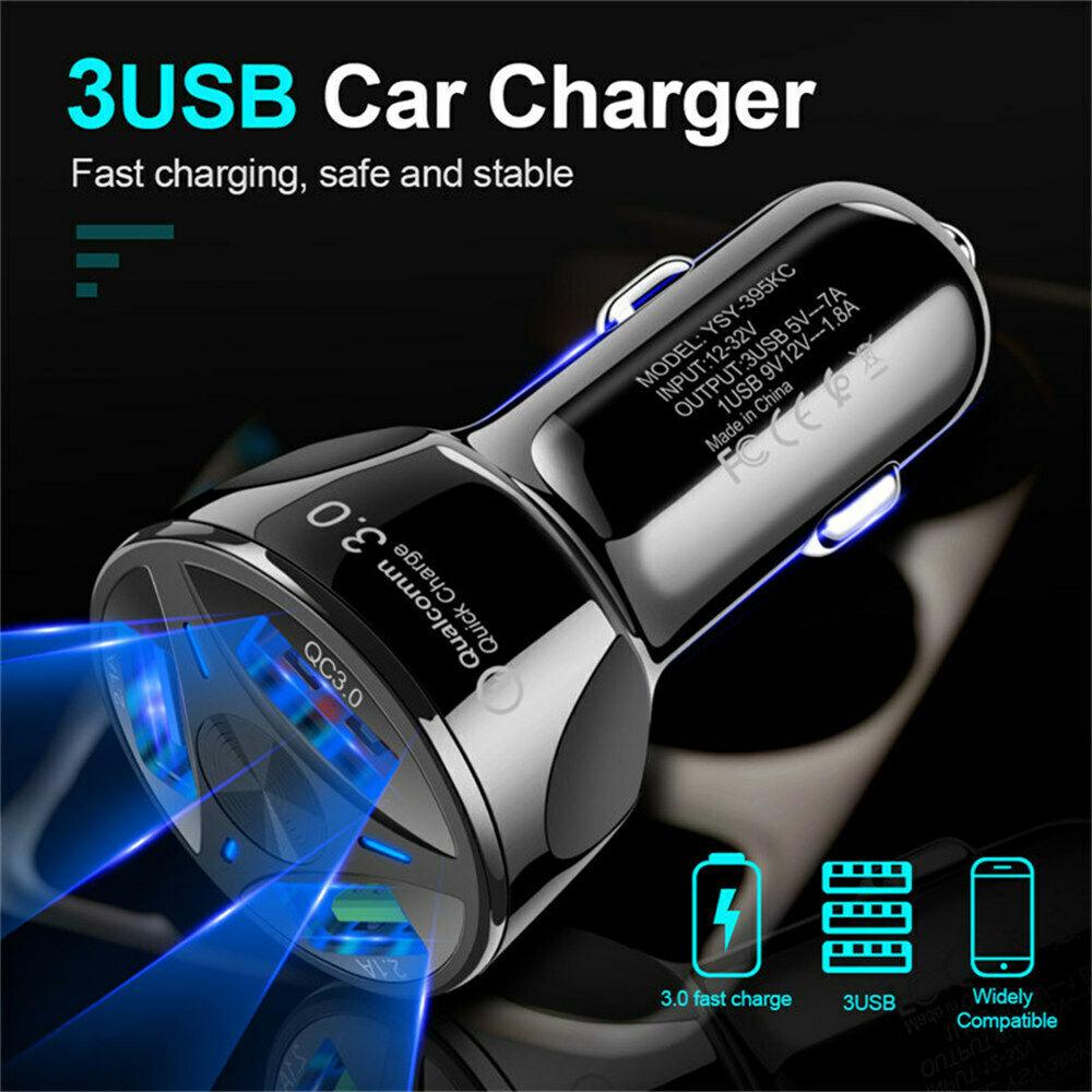 Fast 7A 3-Port USB Car Charger with QC 3.0 & LED - Black/White