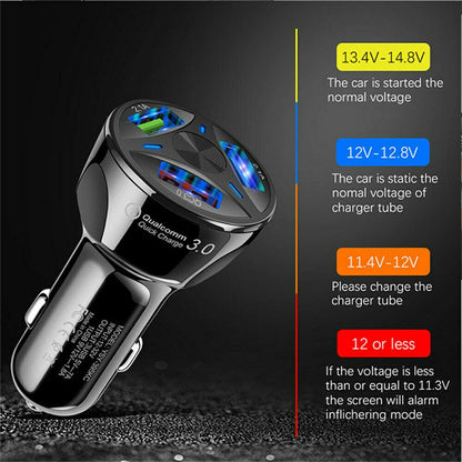 Fast 7A 3-Port USB Car Charger with QC 3.0 & LED - Black/White