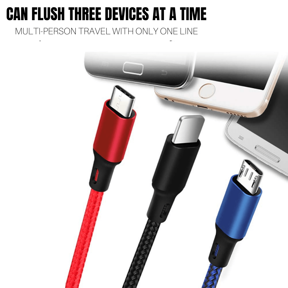 3-in-1 Nylon Braided 4FT 3A Charging Cable (8Pin, Type-C, Micro USB)