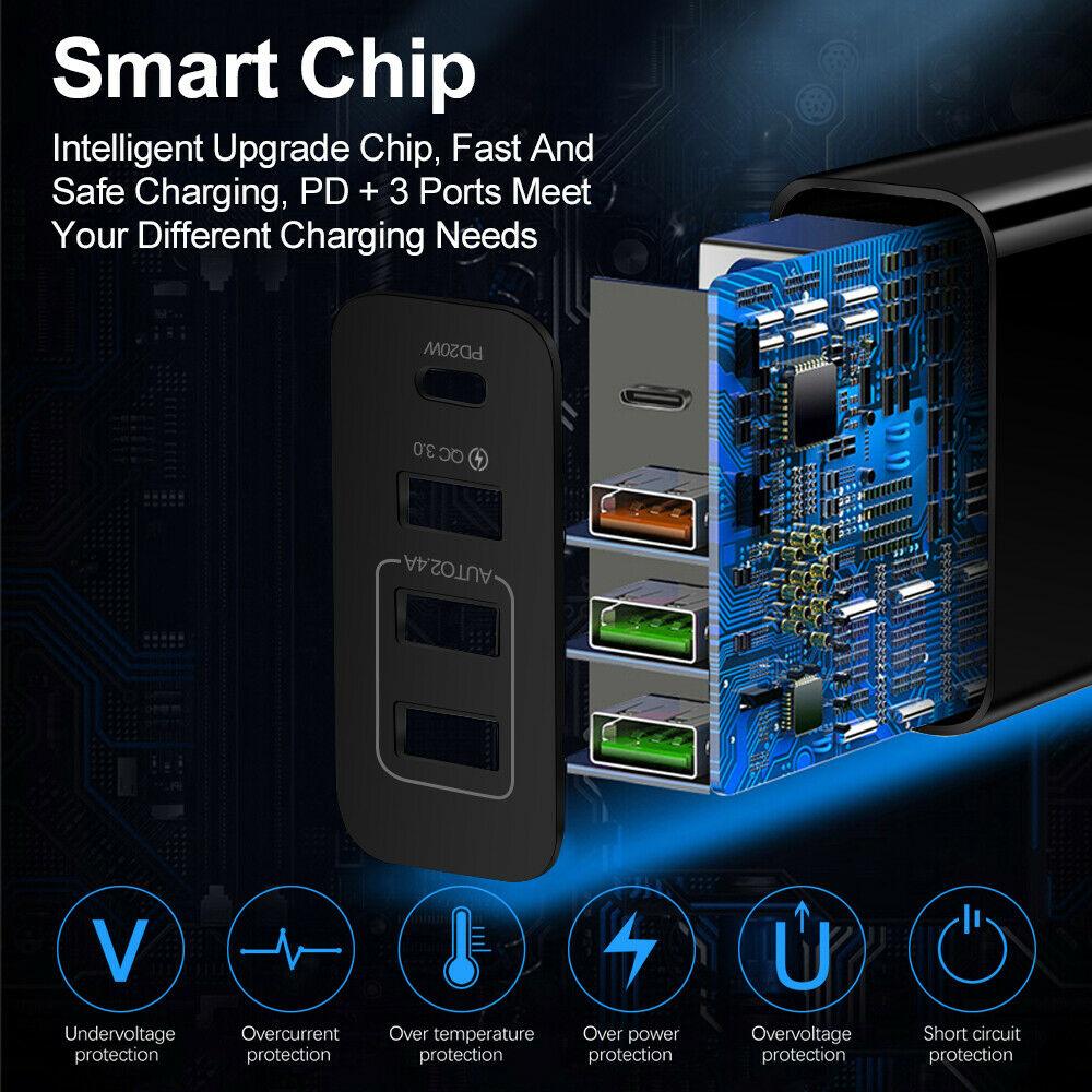 Adaptateur de chargeur mural rapide et sécurisé à 4 ports 36 W QC3.0 USB Type-C PD 20 W