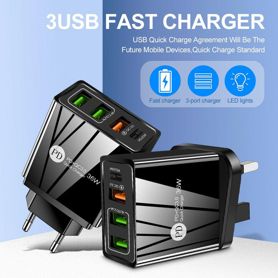 Adaptateur de chargeur mural rapide et sécurisé à 4 ports 36 W QC3.0 USB Type-C PD 20 W
