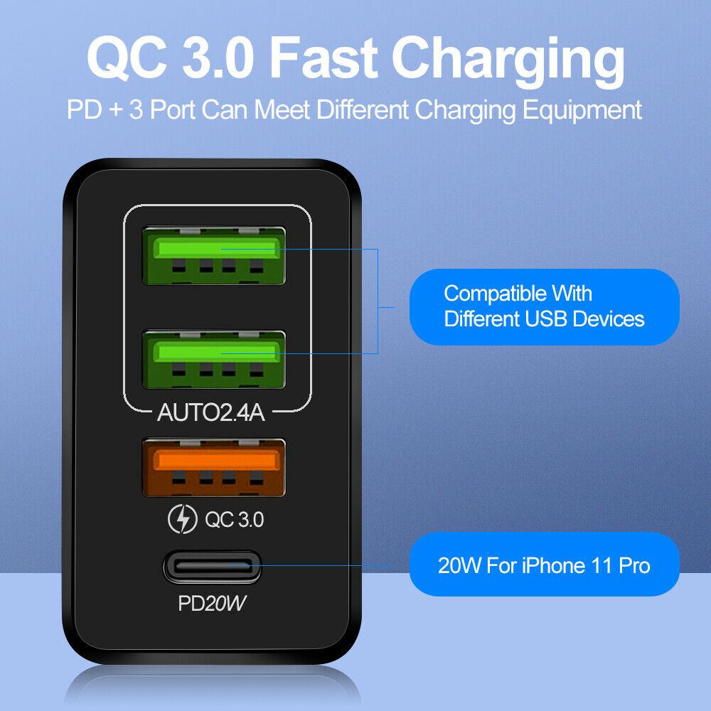 Adaptateur de chargeur mural rapide et sécurisé à 4 ports 36 W QC3.0 USB Type-C PD 20 W