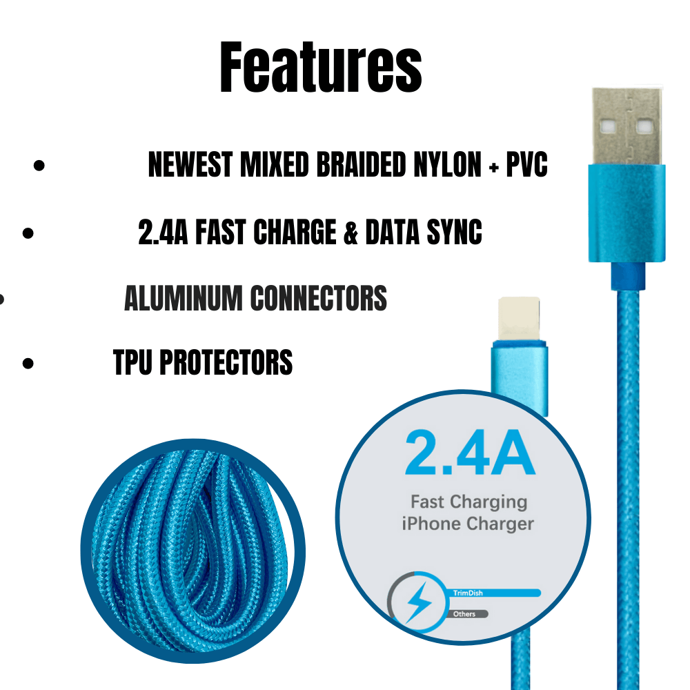 PBG 10FT Nylon Woven Zebra Pattern Fast Charging Cable for iPhone and