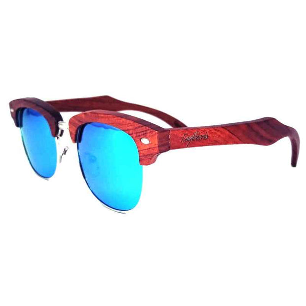 Brazilian Pear Wood Sunglasses With Ice Blue Lenses and Bamboo Case