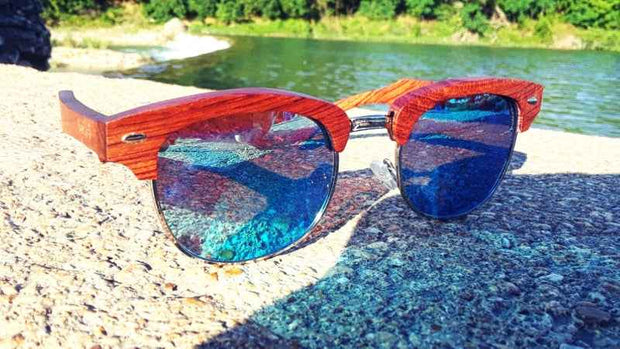 Brazilian Pear Wood Sunglasses With Ice Blue Lenses and Bamboo Case