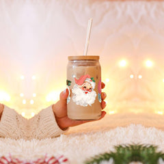 Vintage Santa Glass Cup with Lid & Straw