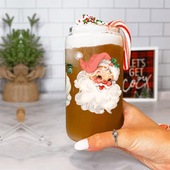 Vintage Santa Glass Cup with Lid & Straw