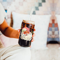 Vintage Santa Glass Cup with Lid & Straw