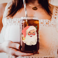 Vintage Santa Glass Cup with Lid & Straw