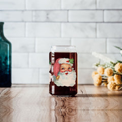 Vintage Santa Glass Cup with Lid & Straw