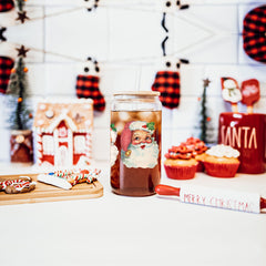 Vintage Santa Glass Cup with Lid & Straw