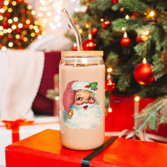 Vintage Santa Glass Cup with Lid & Straw