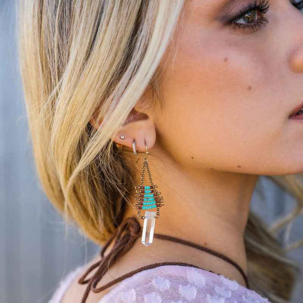 Boho Turquoise Beaded Drop Earrings Gold Tone Crystal Dangle Jewelry