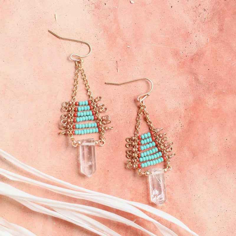 Boho Turquoise Beaded Drop Earrings Gold Tone Crystal Dangle Jewelry