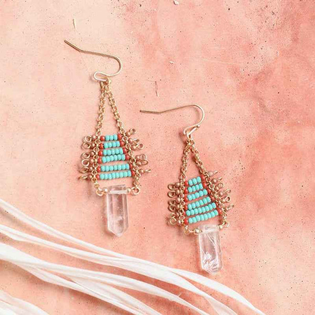 Boho Turquoise Beaded Drop Earrings Gold Tone Crystal Dangle Jewelry