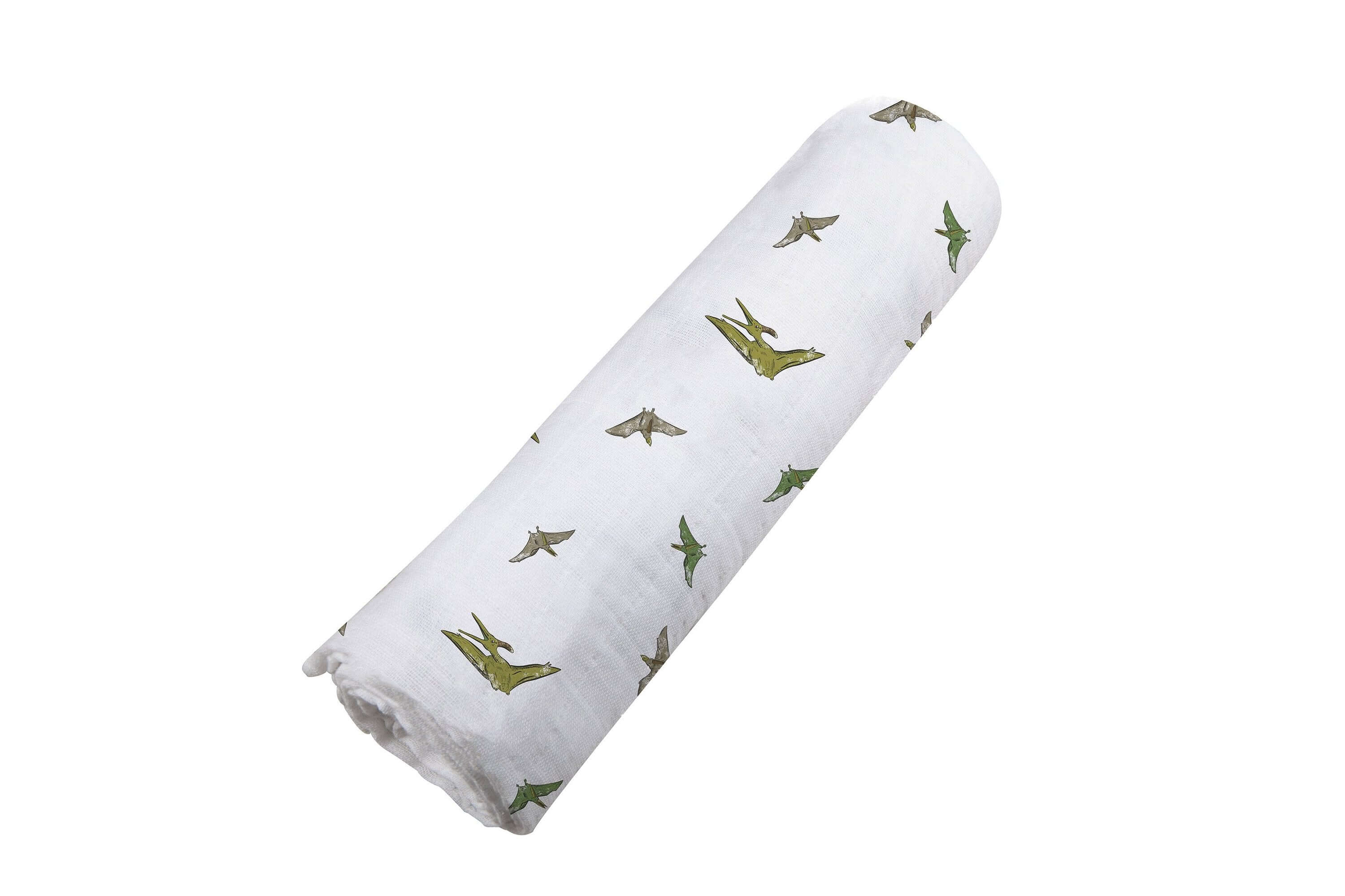 Pteranodon Cotton Swaddle with playful dinosaur prints, soft muslin fabric for baby's comfort.