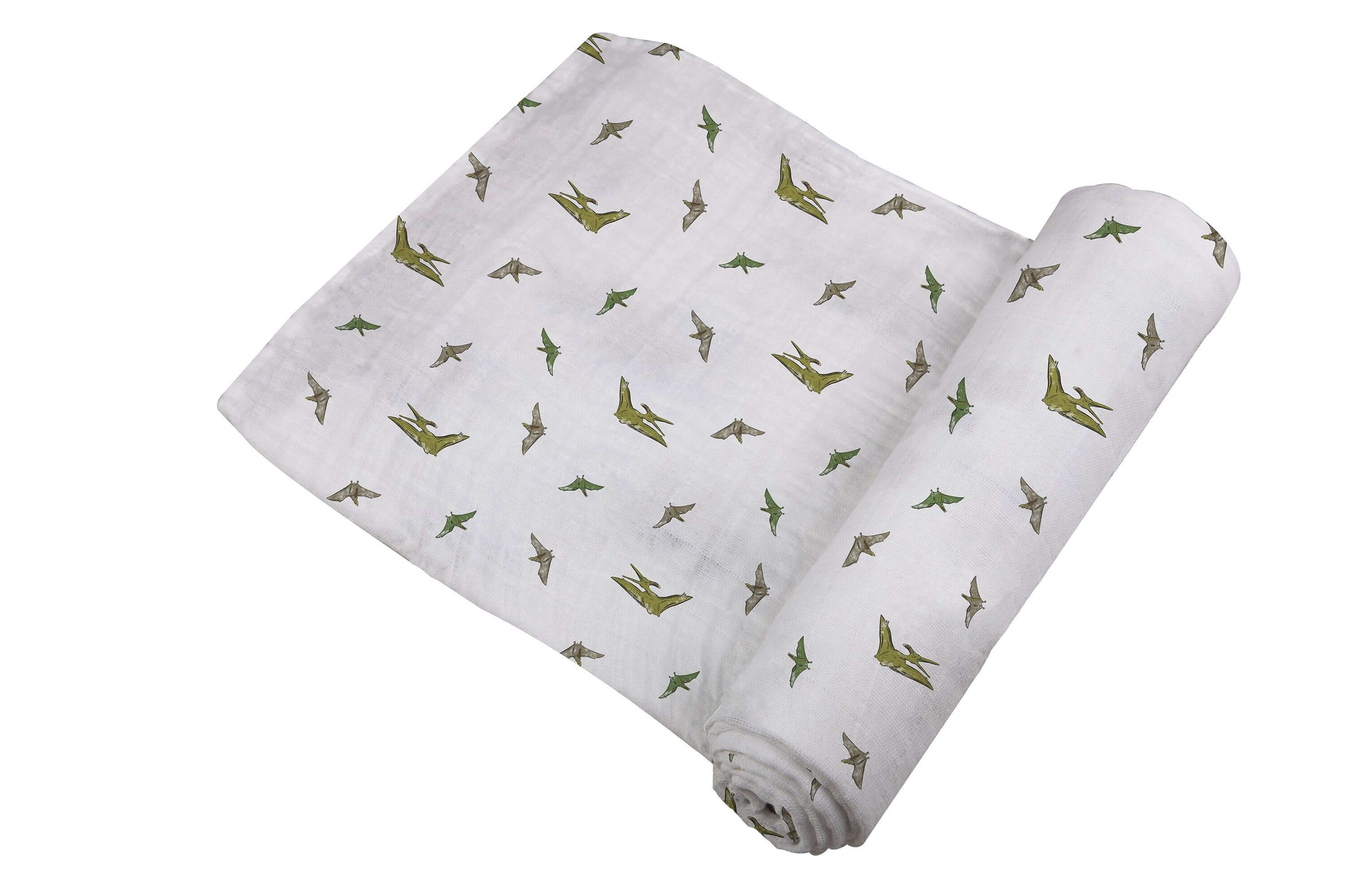 Pteranodon Cotton Swaddle featuring playful dinosaur prints in soft breathable muslin for baby comfort.