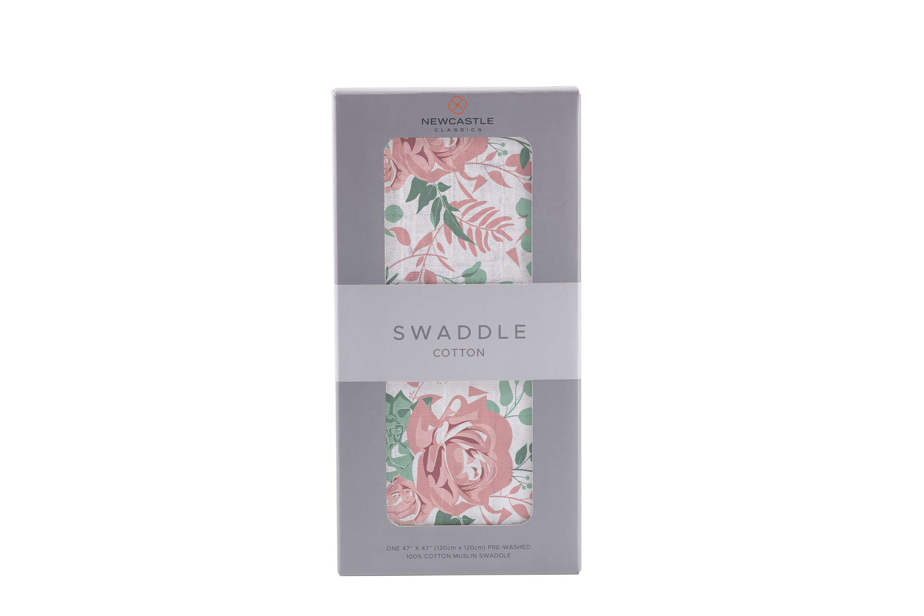 Desert Rose Swaddle packaging showcasing soft cotton fabric with elegant rose design, perfect for wrapping your baby cozy.