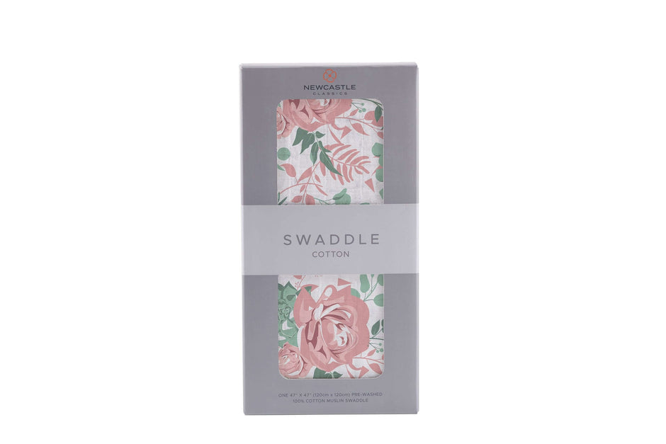 Desert Rose Swaddle packaging showcasing soft cotton fabric with elegant rose design, perfect for wrapping your baby cozy.