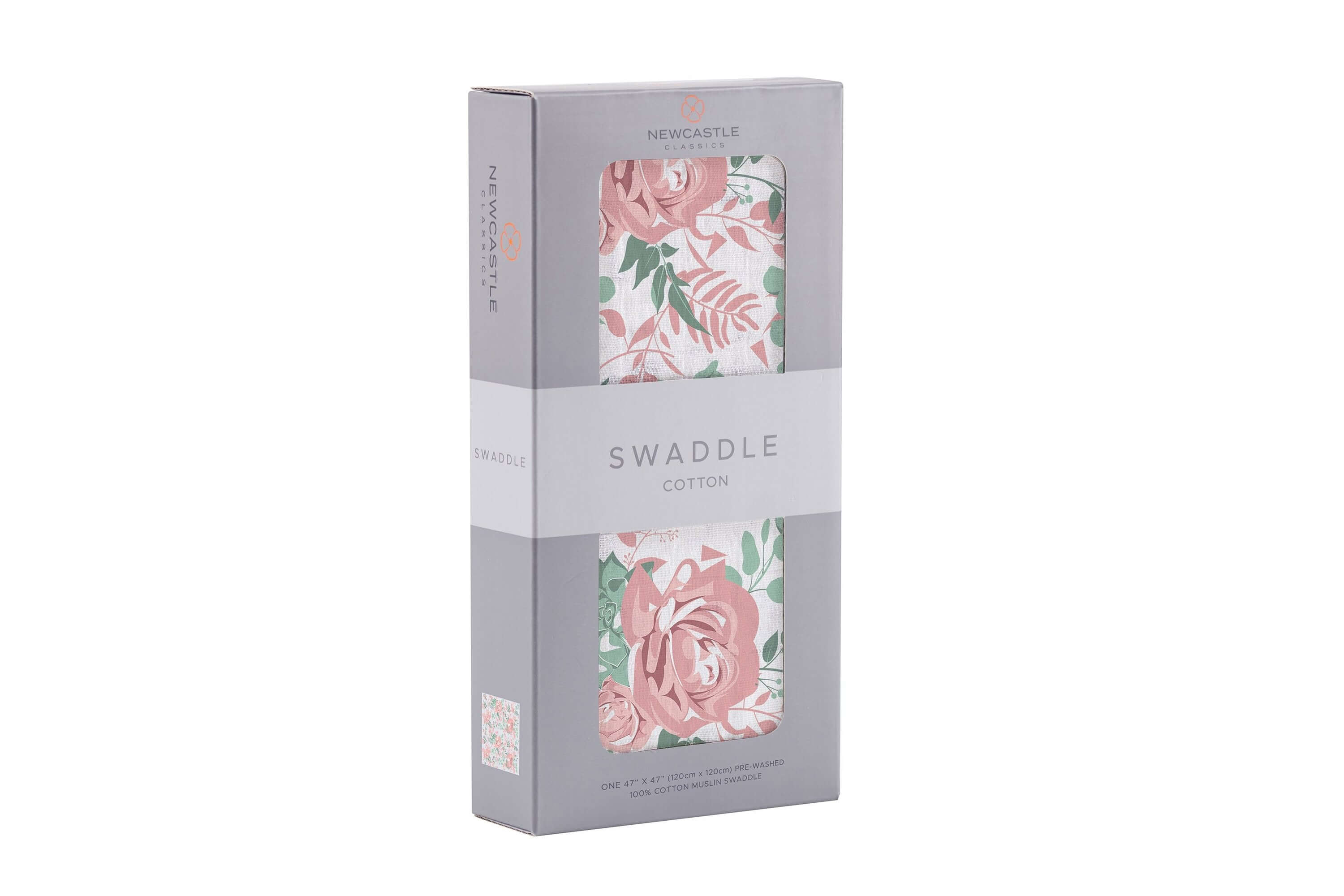 Desert Rose Swaddle packaged in a box featuring a floral design with pink roses, perfect for baby's comfort.