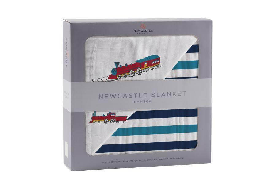 Vintage Train Blanket in packaging featuring colorful train designs and striped pattern.