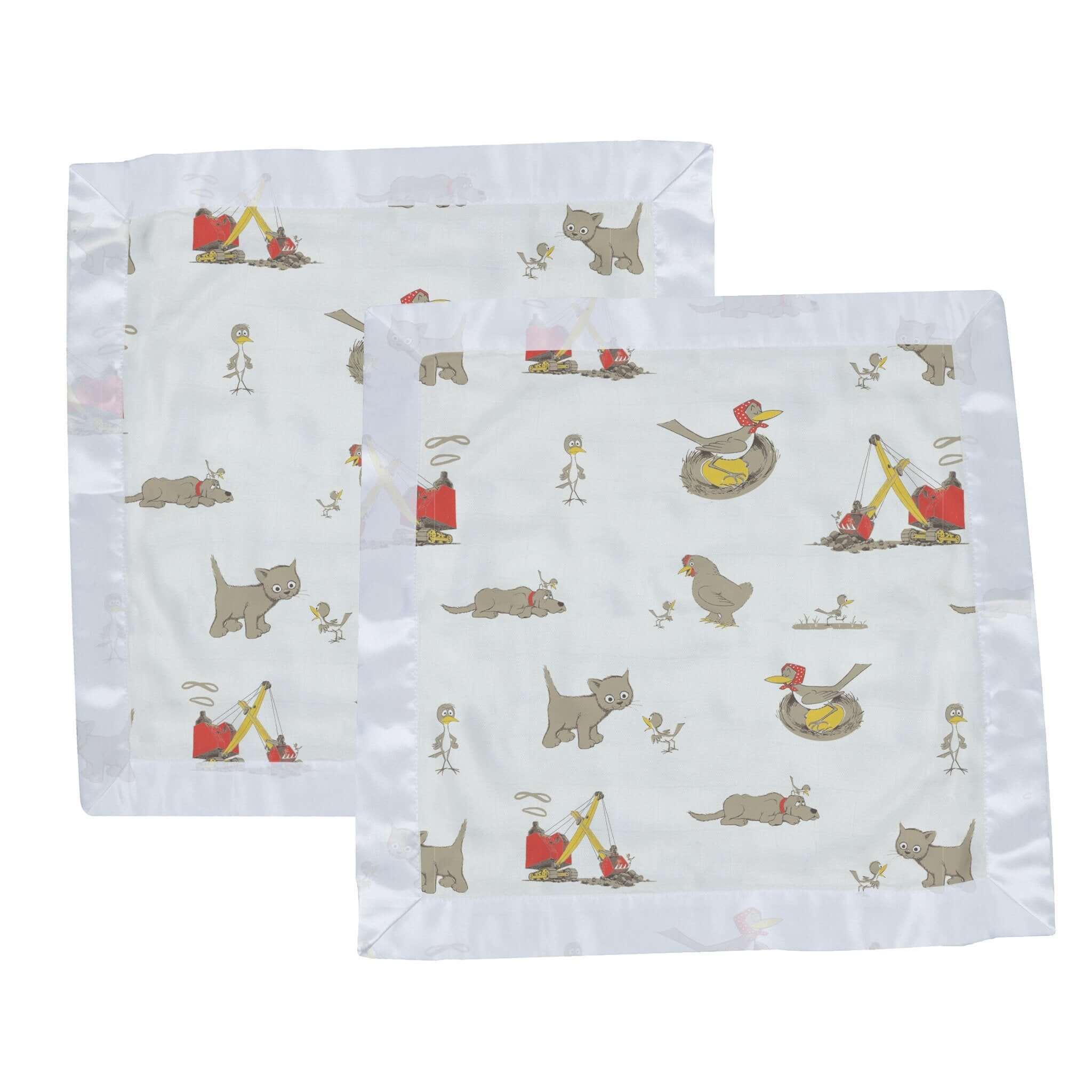 Soft infant muslin blankie featuring playful animal and construction patterns for babies.