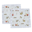Soft infant muslin blankie featuring playful animal and construction patterns for babies.