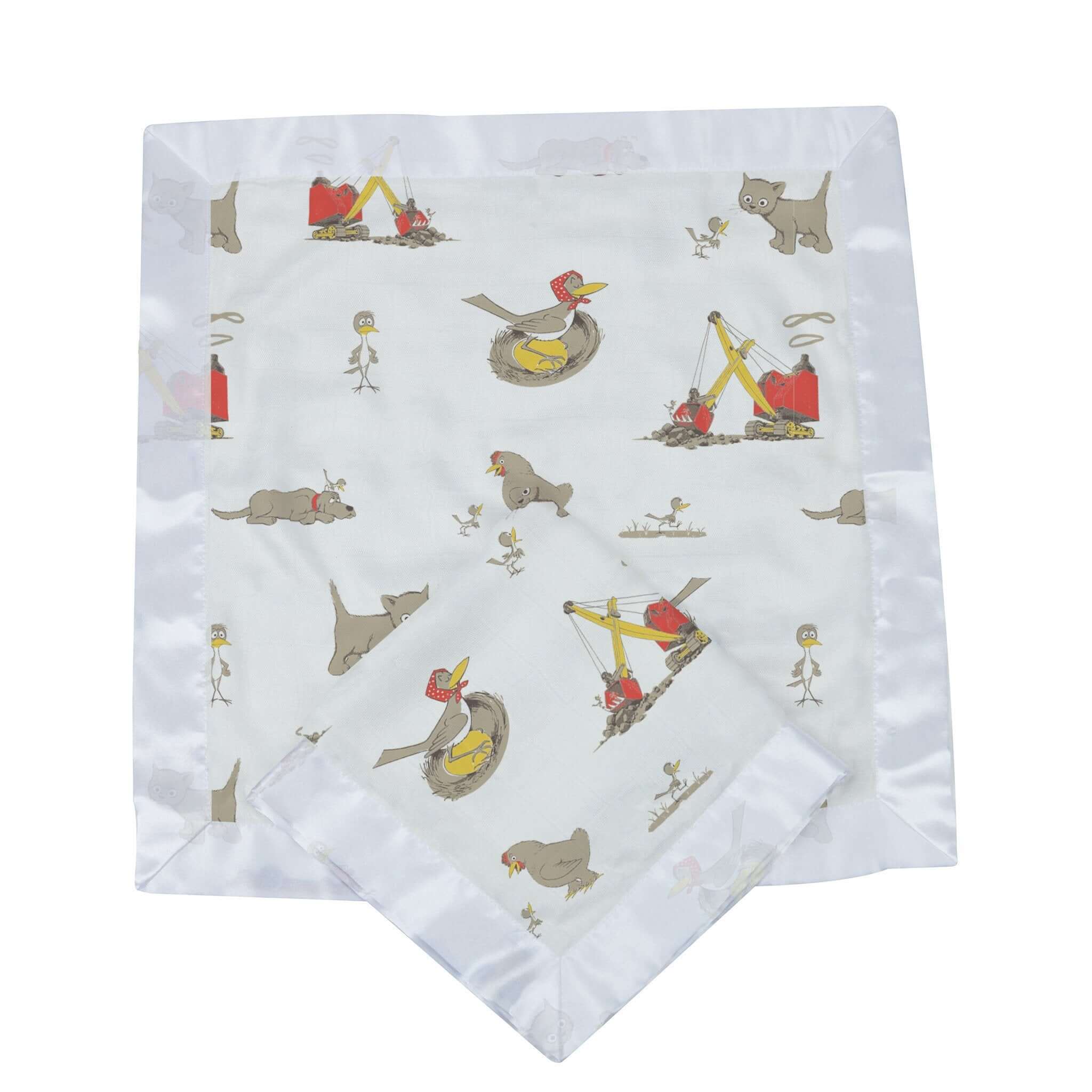 Soft infant muslin blankie with cute animal and construction prints for comfort and playtime.