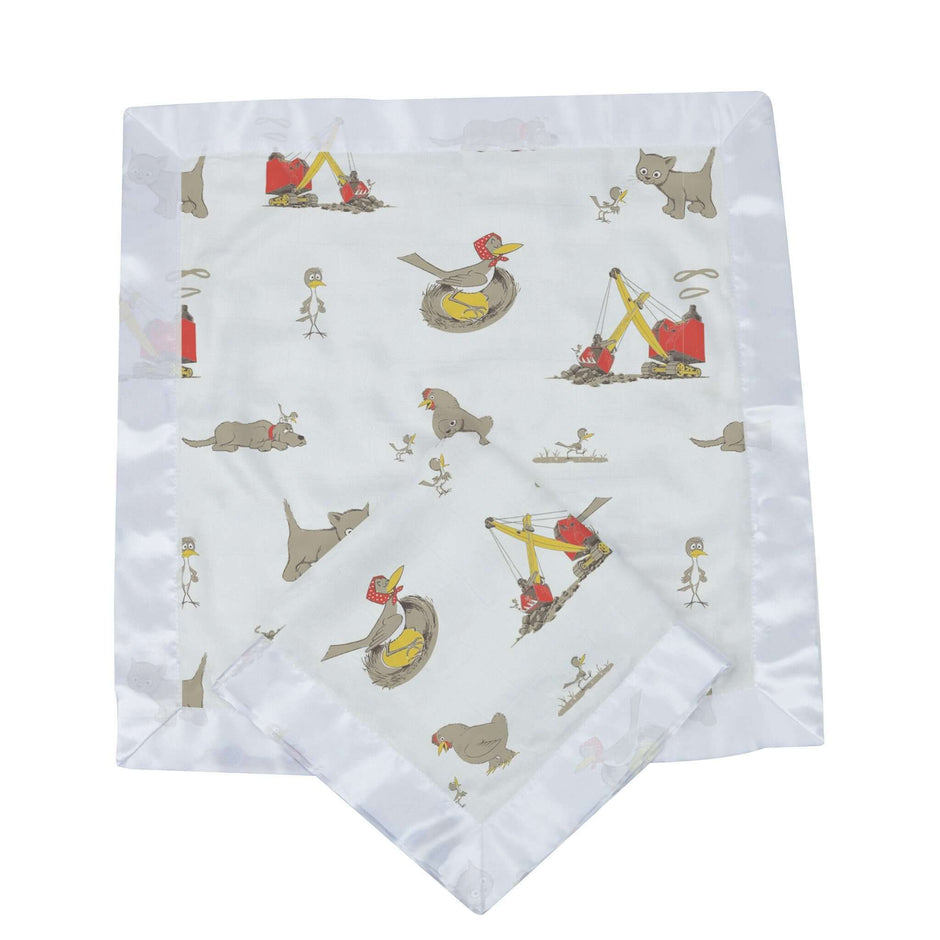 Soft infant muslin blankie with cute animal and construction prints for comfort and playtime.