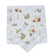Soft infant muslin blankie with cute animal and construction prints for comfort and playtime.