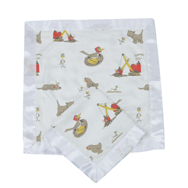 Soft infant muslin blankie with cute animal and construction prints for comfort and playtime.