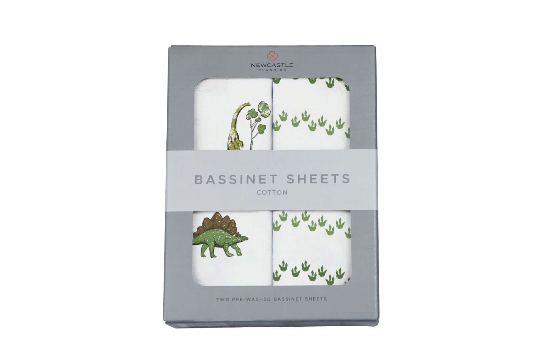 Dino Cotton Pad featuring playful dinosaur prints in a boxed set of cotton bassinet sheets.