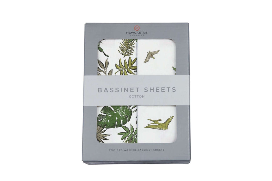 Tropical Pteranodon bassinet sheets packaging featuring durable cotton material for babies' sensitive skin.