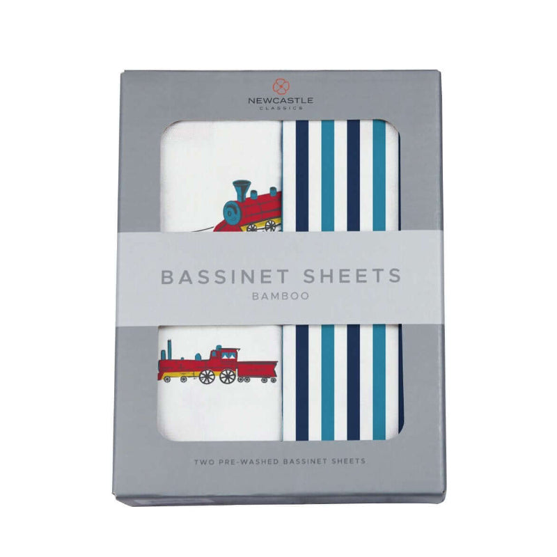 Bamboo bassinet sheets packaging featuring train design and stripes.