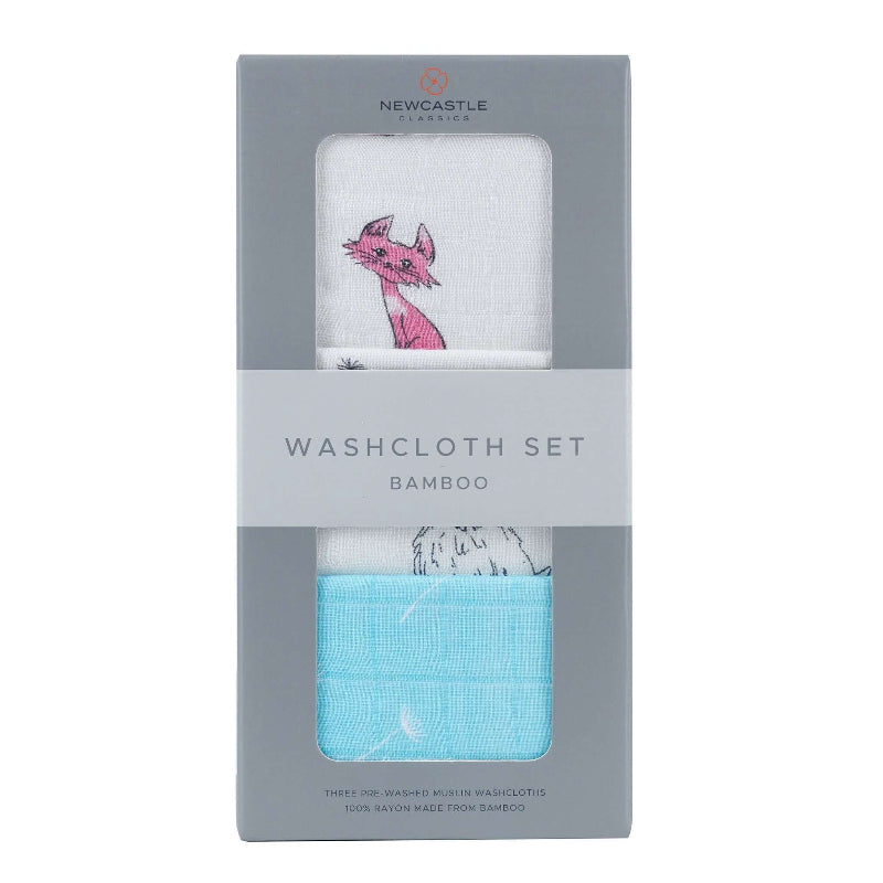 Dandelions Bamboo Washcloth set featuring cute animal designs in a gift box, perfect for gentle cleaning.