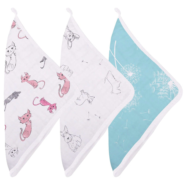Dandelions Bamboo Washcloth set featuring adorable cat prints and soft colors for gentle cleaning.
