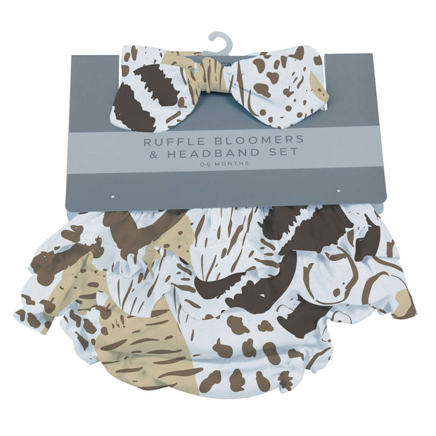 Animal Print Ruffle Set featuring bloomers and a matching headband for infants 0-6 months.