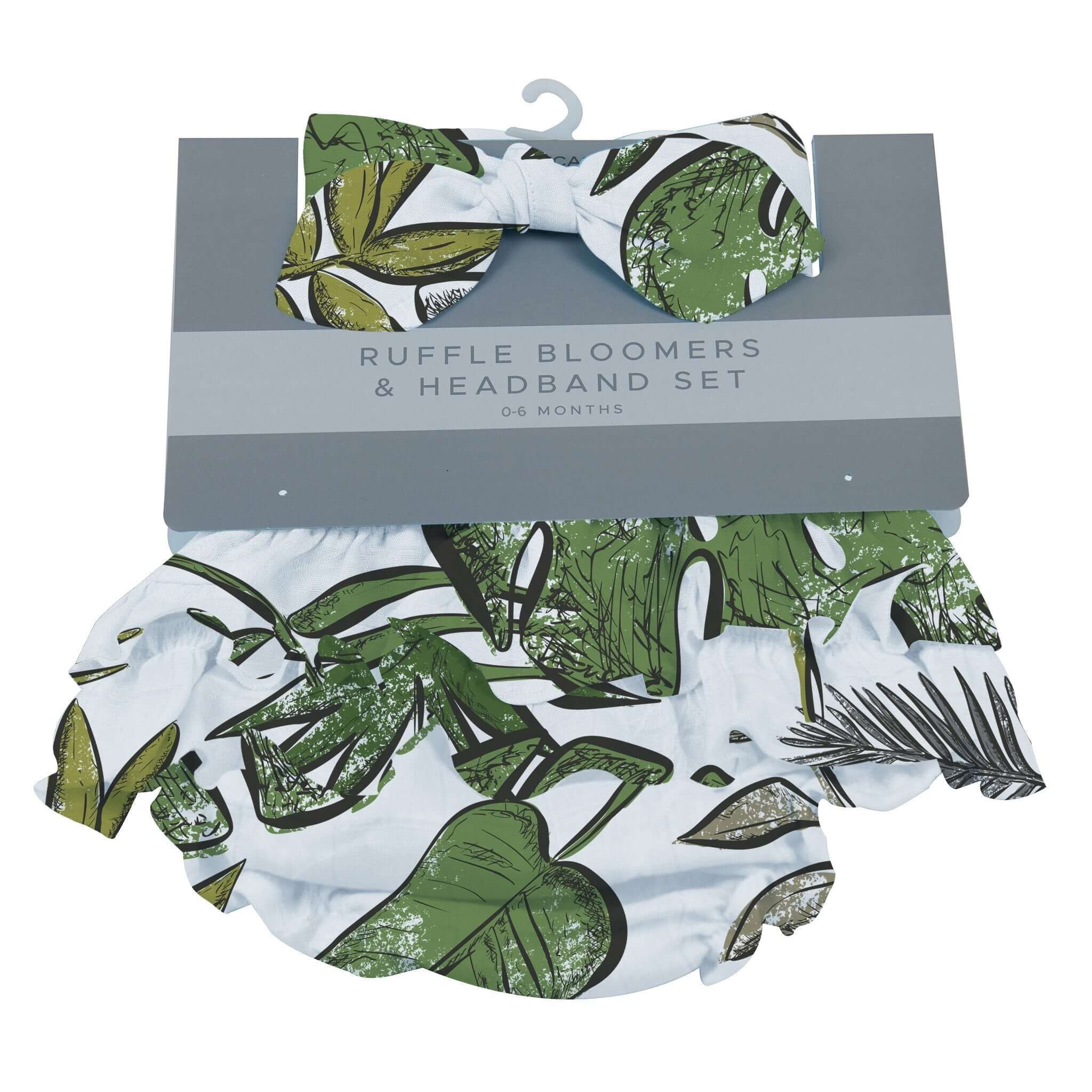 Tropical Forest Ruffle Bloomers and Headband Set featuring playful tropical leaves for infants, perfect for cozy styling.
