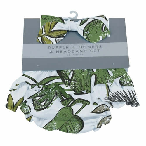 Tropical Forest Ruffle Bloomers and Headband Set showcasing vibrant tropical leaf patterns and ruffle detailing.