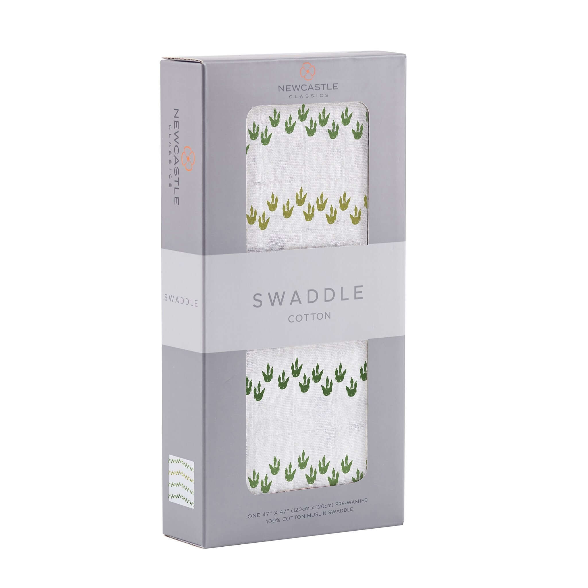 Dino Feet Cotton Muslin Swaddle, featuring green dino footprints, made of soft cotton, perfect for wrapping babies.