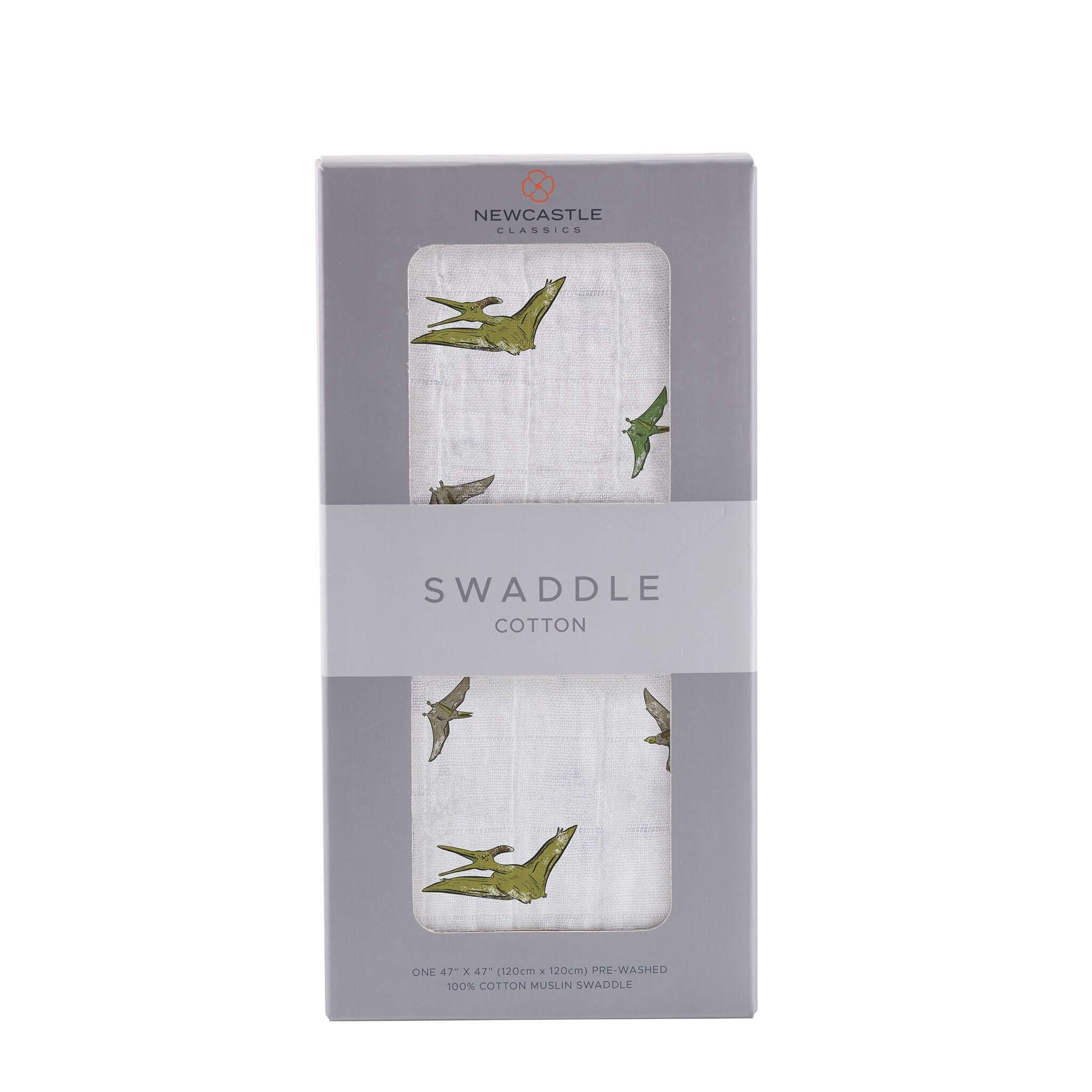 Pteranodon Cotton Swaddle packaging with playful dinosaur prints for babies.