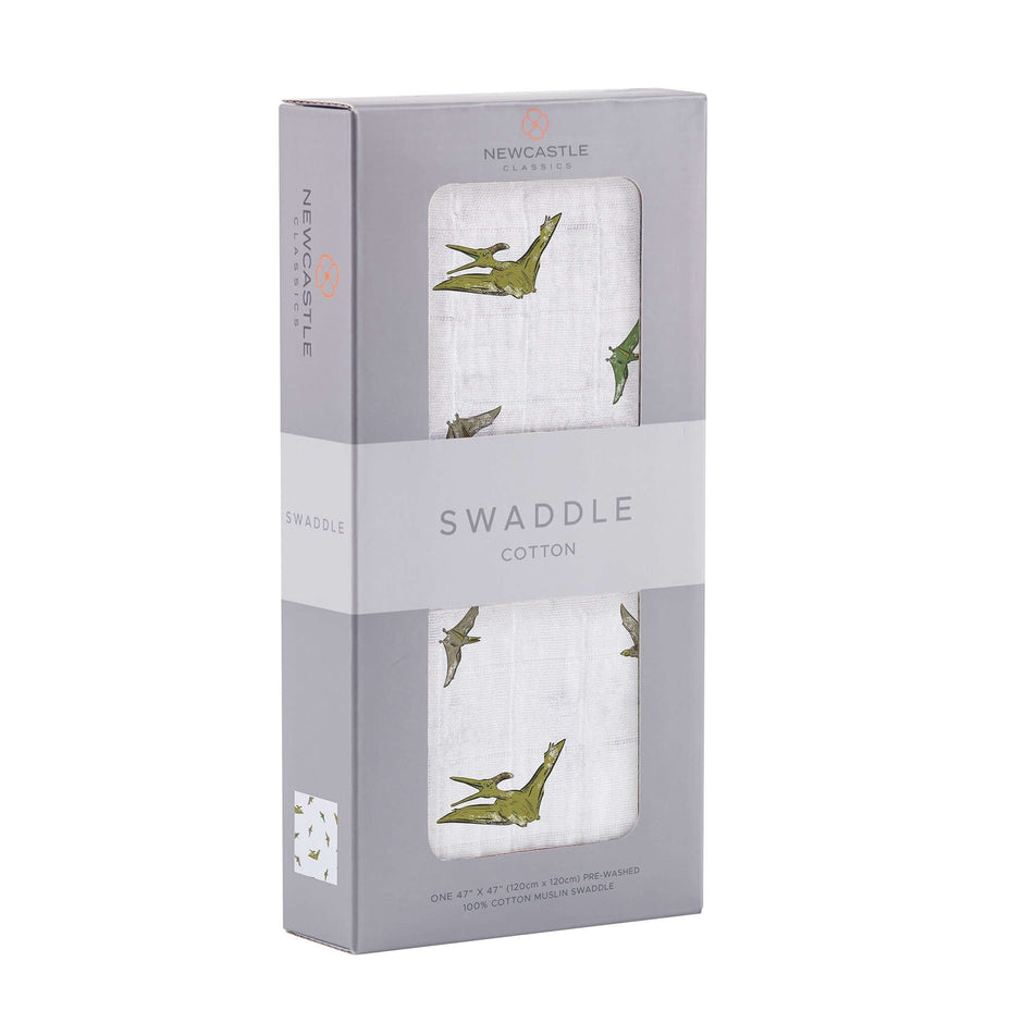 Pteranodon cotton swaddle in stylish packaging, perfect for wrapping your baby in comfort and cuteness.
